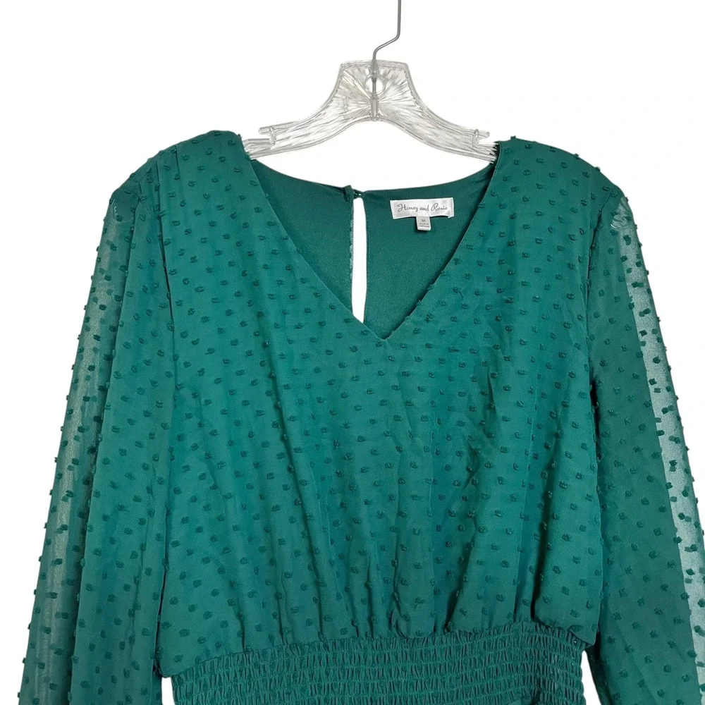 Honey & Rosie Green Swiss Dot Tiered Ruffle Long Sleeve V Neck Dress Size M‎